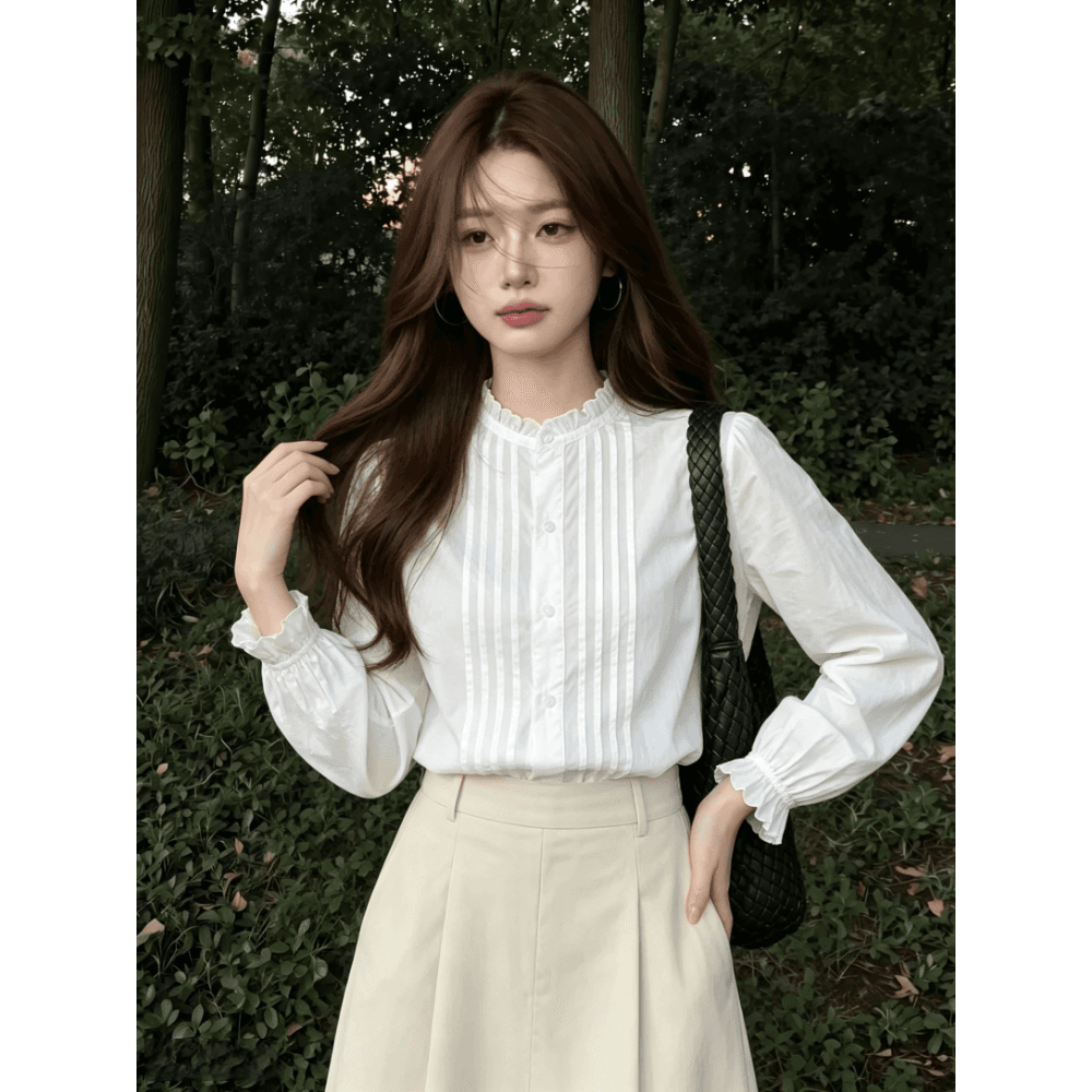 패션 외국 가스 맨위 2026 이른 가을 여성 의류 프랑스식 Chic 흰 셔츠 디자인 센스 작은 대중 스탠드 칼라 긴팔 셔츠 상세 이미지 6