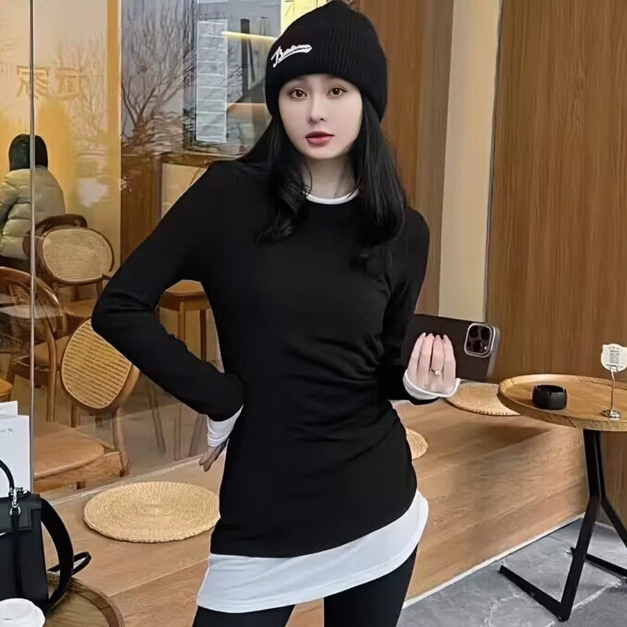 중간 길이 연삭 털 기본 셔츠 여성 가을 겨울 인사이드 가져 가라. 슬림해 보이는 패션 불규칙 티셔츠 표지 긴팔 맨위 이미지 4