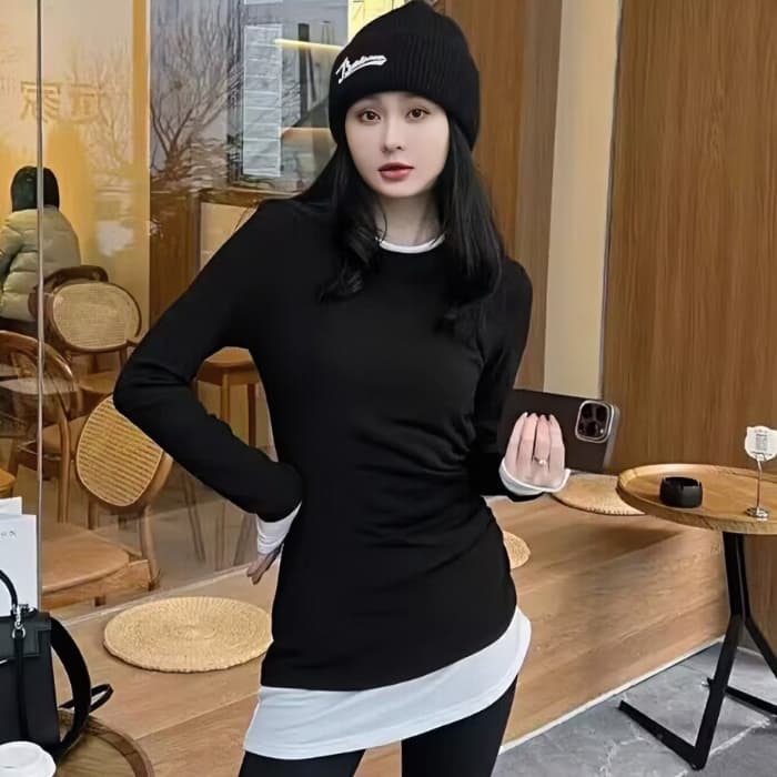 중간 길이 연삭 털 기본 셔츠 여성 가을 겨울 인사이드 가져 가라. 슬림해 보이는 패션 불규칙 티셔츠 표지 긴팔 맨위 상세 이미지 1
