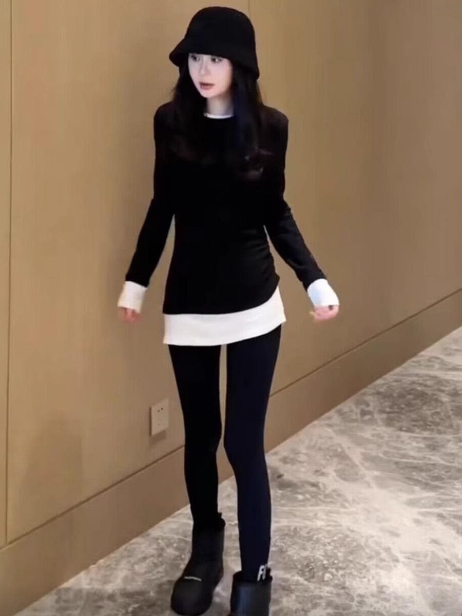 중간 길이 연삭 털 기본 셔츠 여성 가을 겨울 인사이드 가져 가라. 슬림해 보이는 패션 불규칙 티셔츠 표지 긴팔 맨위 상세 이미지 5