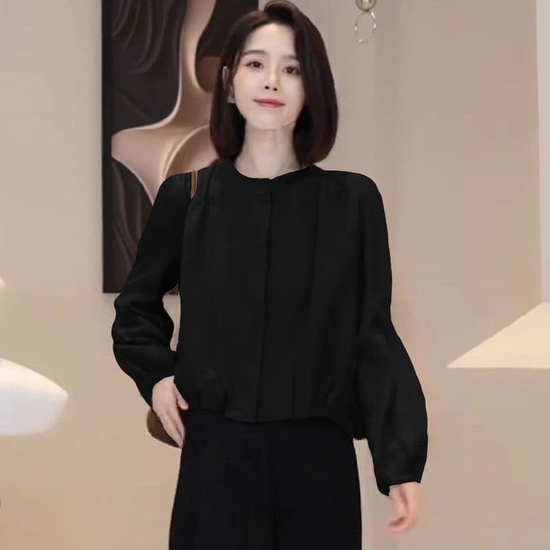 프랑스식 레트로 고급 센스 라운드 넥 긴팔 단색 여성 셔츠 가을 새로운 Chic 고유 한 아름다운 쇼트 스타일 맨위 상세 이미지 12