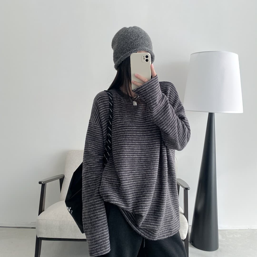 연삭 플리스 두꺼운 스트라이프 긴팔 티셔츠 여성 느긋한 바람 루즈핏 인사이드 가져 가라. 만나는 맨위 2025 가을 겨울철 새로운