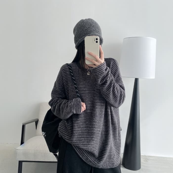 연삭 플리스 두꺼운 스트라이프 긴팔 티셔츠 여성 느긋한 바람 루즈핏 인사이드 가져 가라. 만나는 맨위 2025 가을 겨울철 새로운 상세 이미지 1