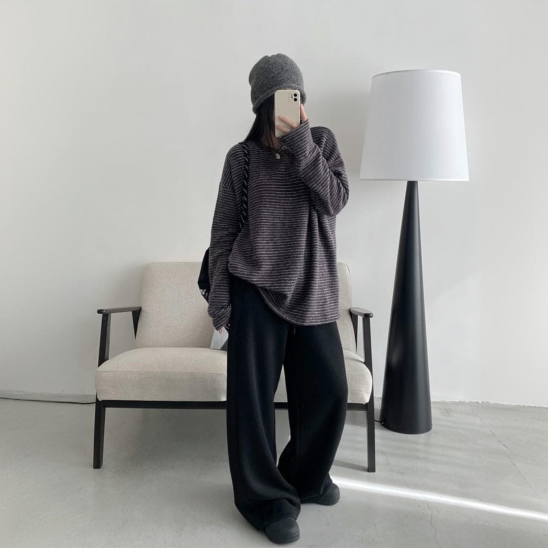 연삭 플리스 두꺼운 스트라이프 긴팔 티셔츠 여성 느긋한 바람 루즈핏 인사이드 가져 가라. 만나는 맨위 2025 가을 겨울철 새로운 상세 이미지 3