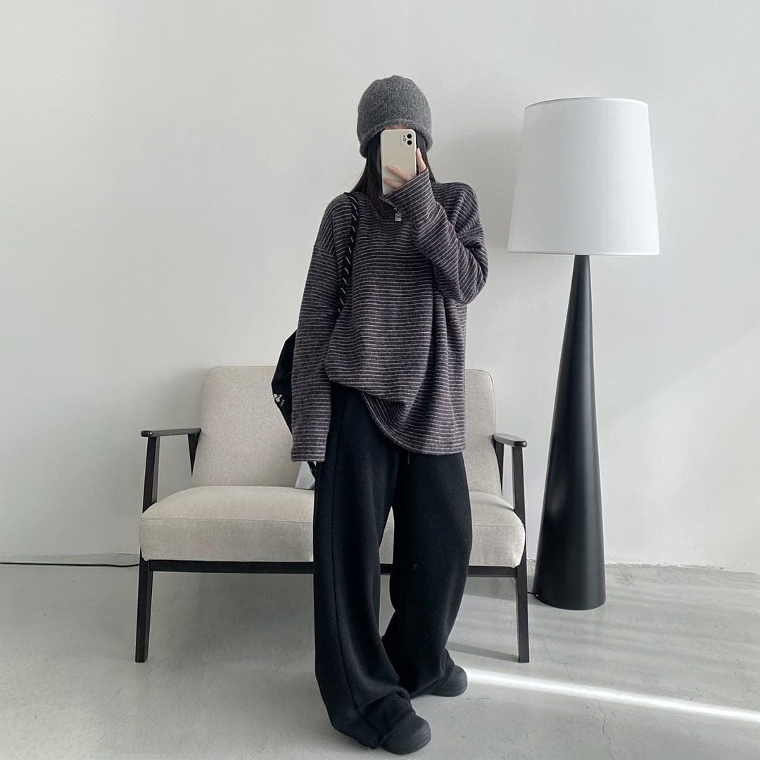 연삭 플리스 두꺼운 스트라이프 긴팔 티셔츠 여성 느긋한 바람 루즈핏 인사이드 가져 가라. 만나는 맨위 2025 가을 겨울철 새로운 상세 이미지 4