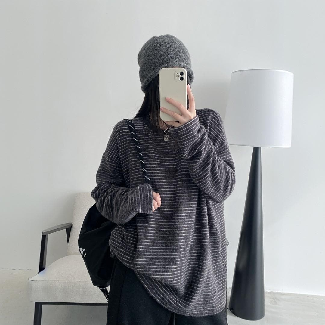 연삭 플리스 두꺼운 스트라이프 긴팔 티셔츠 여성 느긋한 바람 루즈핏 인사이드 가져 가라. 만나는 맨위 2025 가을 겨울철 새로운 상세 이미지 5