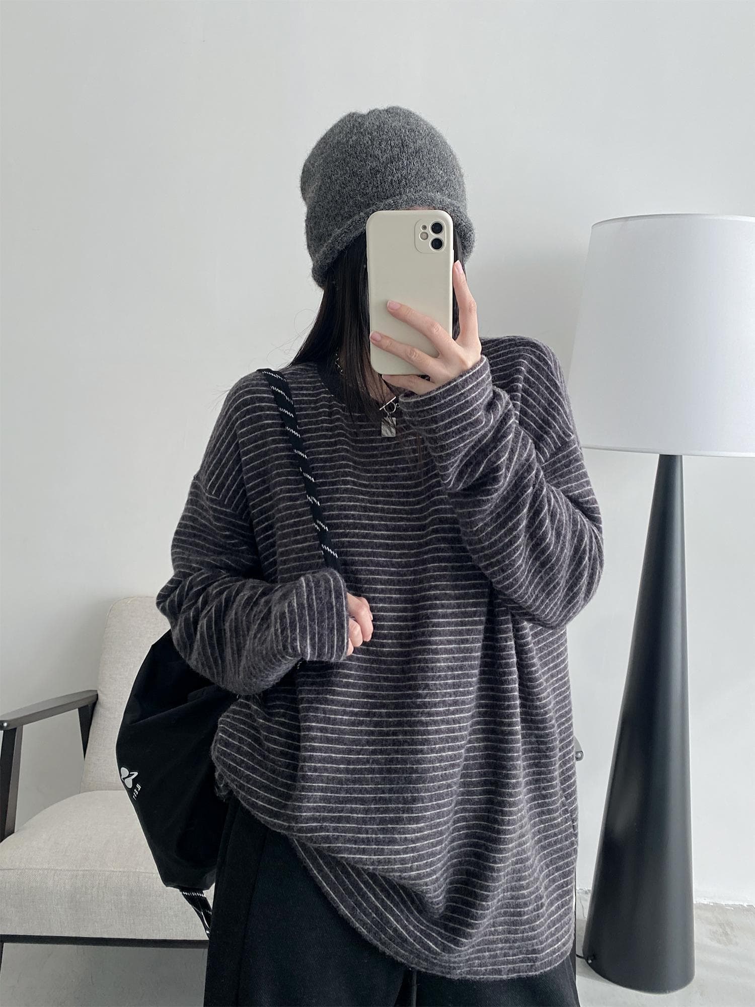 연삭 플리스 두꺼운 스트라이프 긴팔 티셔츠 여성 느긋한 바람 루즈핏 인사이드 가져 가라. 만나는 맨위 2025 가을 겨울철 새로운 상세 이미지 10