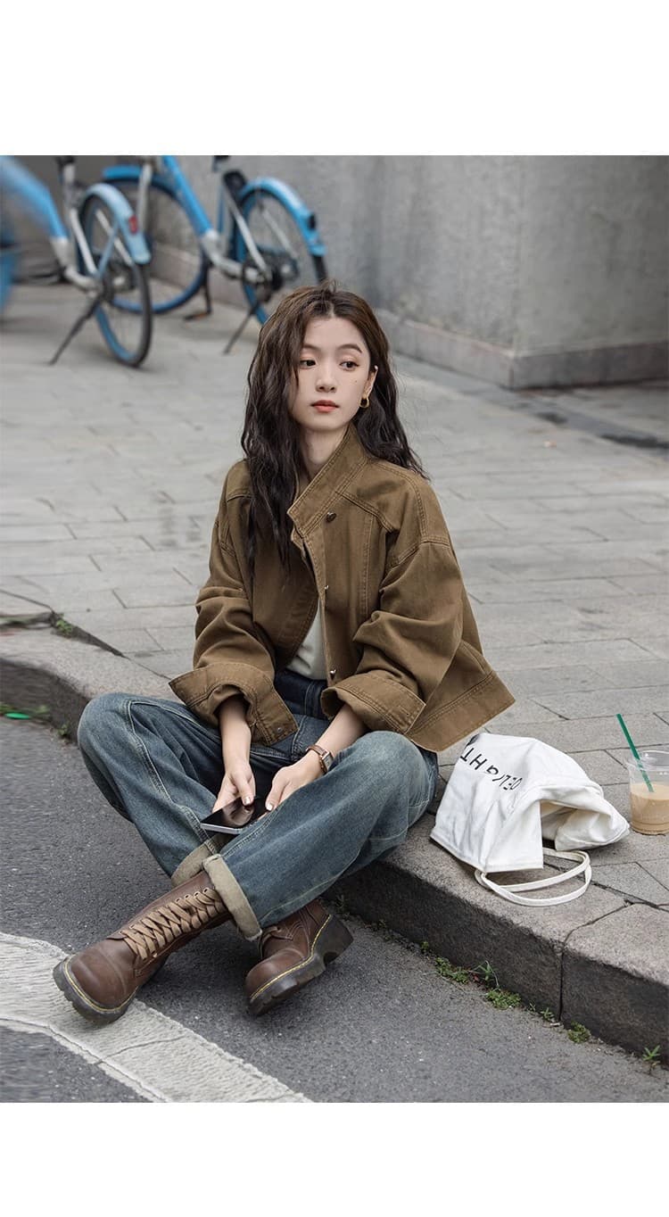 한국 스타일 레트로 워크웨어 스탠드 칼라 재킷 여성 코트 가을 새로운 오토바이 바람 루즈핏 캐주얼 쇼트 스타일 재킷 맨위 상세 이미지 3