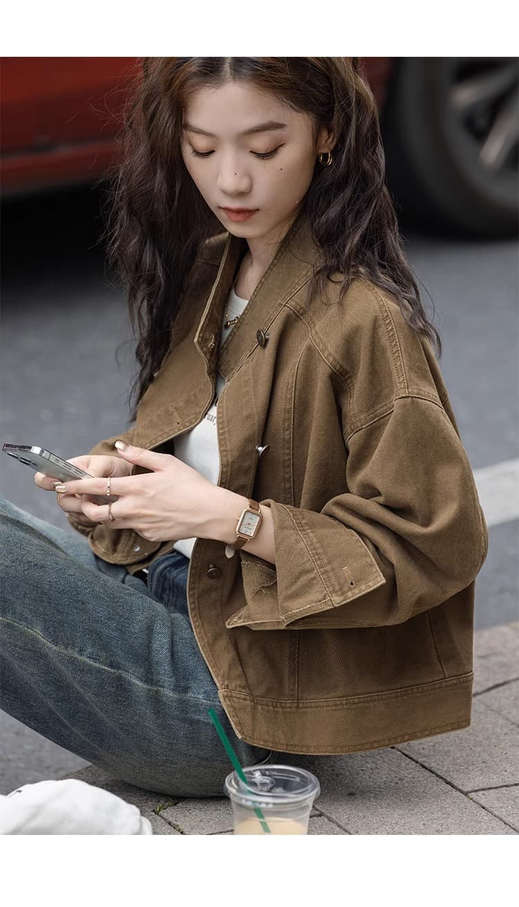 한국 스타일 레트로 워크웨어 스탠드 칼라 재킷 여성 코트 가을 새로운 오토바이 바람 루즈핏 캐주얼 쇼트 스타일 재킷 맨위 상세 이미지 10