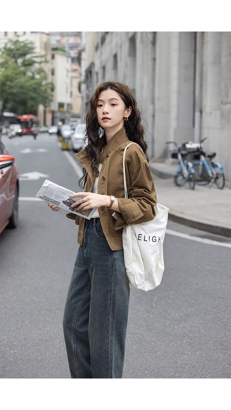 한국 스타일 레트로 워크웨어 스탠드 칼라 재킷 여성 코트 가을 새로운 오토바이 바람 루즈핏 캐주얼 쇼트 스타일 재킷 맨위 상세 이미지 12