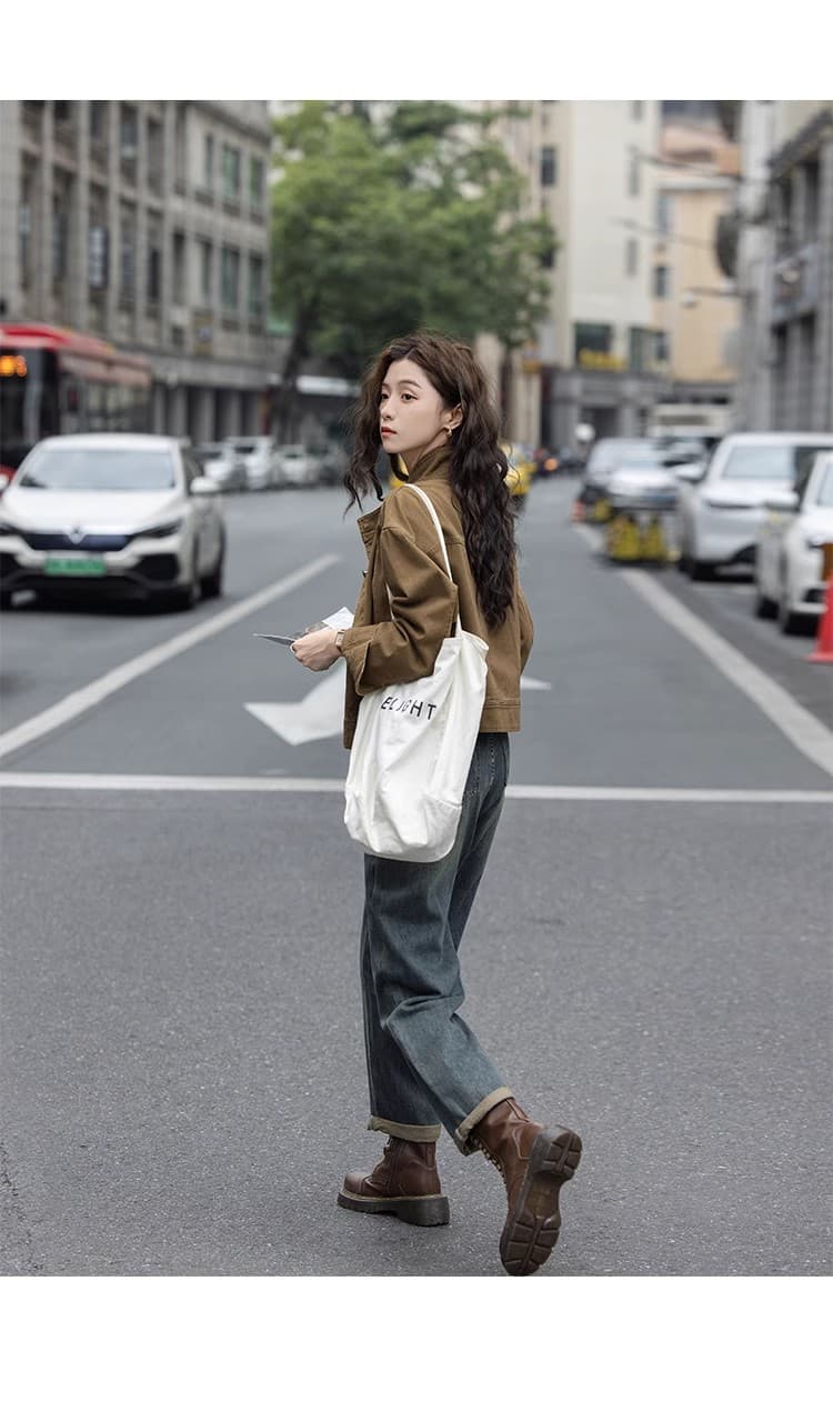 한국 스타일 레트로 워크웨어 스탠드 칼라 재킷 여성 코트 가을 새로운 오토바이 바람 루즈핏 캐주얼 쇼트 스타일 재킷 맨위 상세 이미지 14