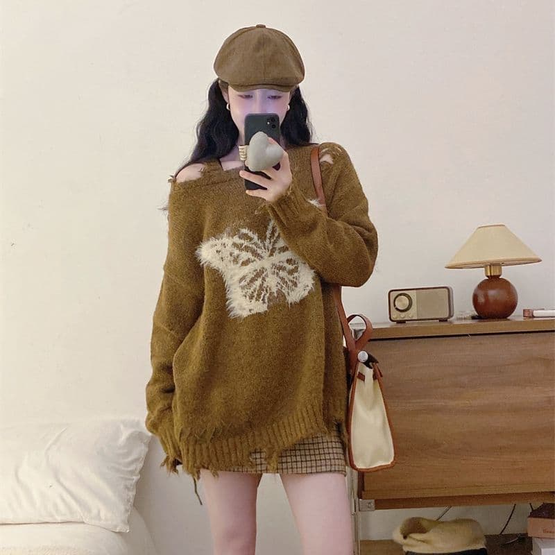 커피 색상 나비 오프숄더 풀오버 스웨터 여자 봄 가을 외출용 루즈핏 느긋한 바람이 아닙니다. 규칙 순수한 욕망 오프숄더 맨위