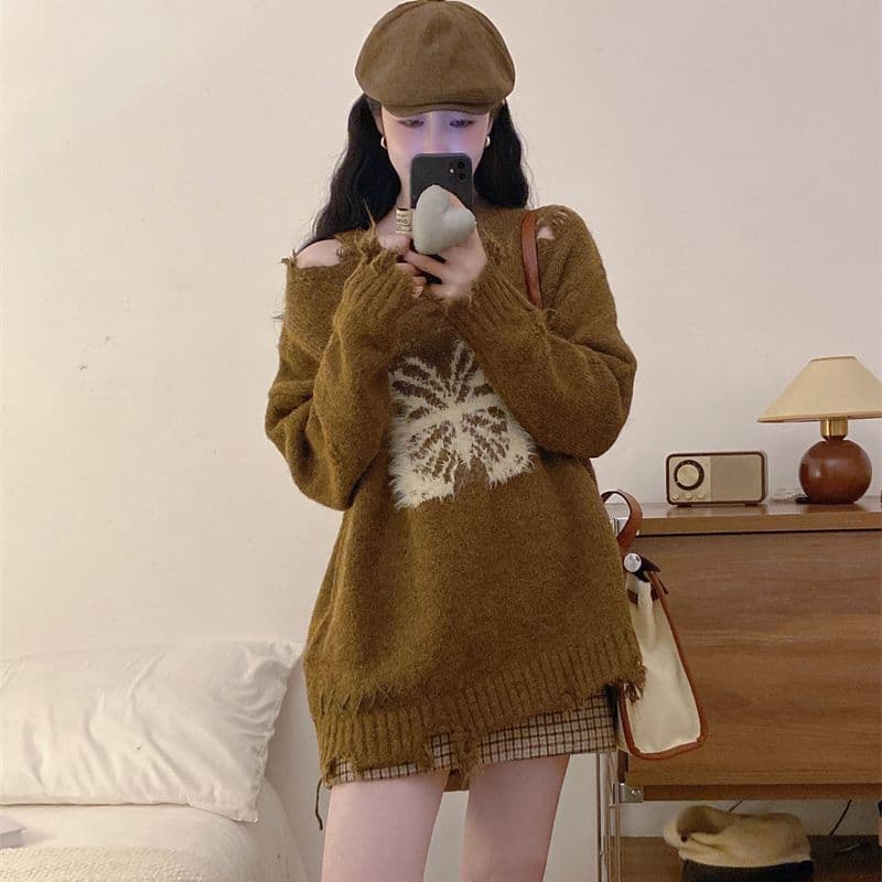 커피 색상 나비 오프숄더 풀오버 스웨터 여자 봄 가을 외출용 루즈핏 느긋한 바람이 아닙니다. 규칙 순수한 욕망 오프숄더 맨위 이미지 2