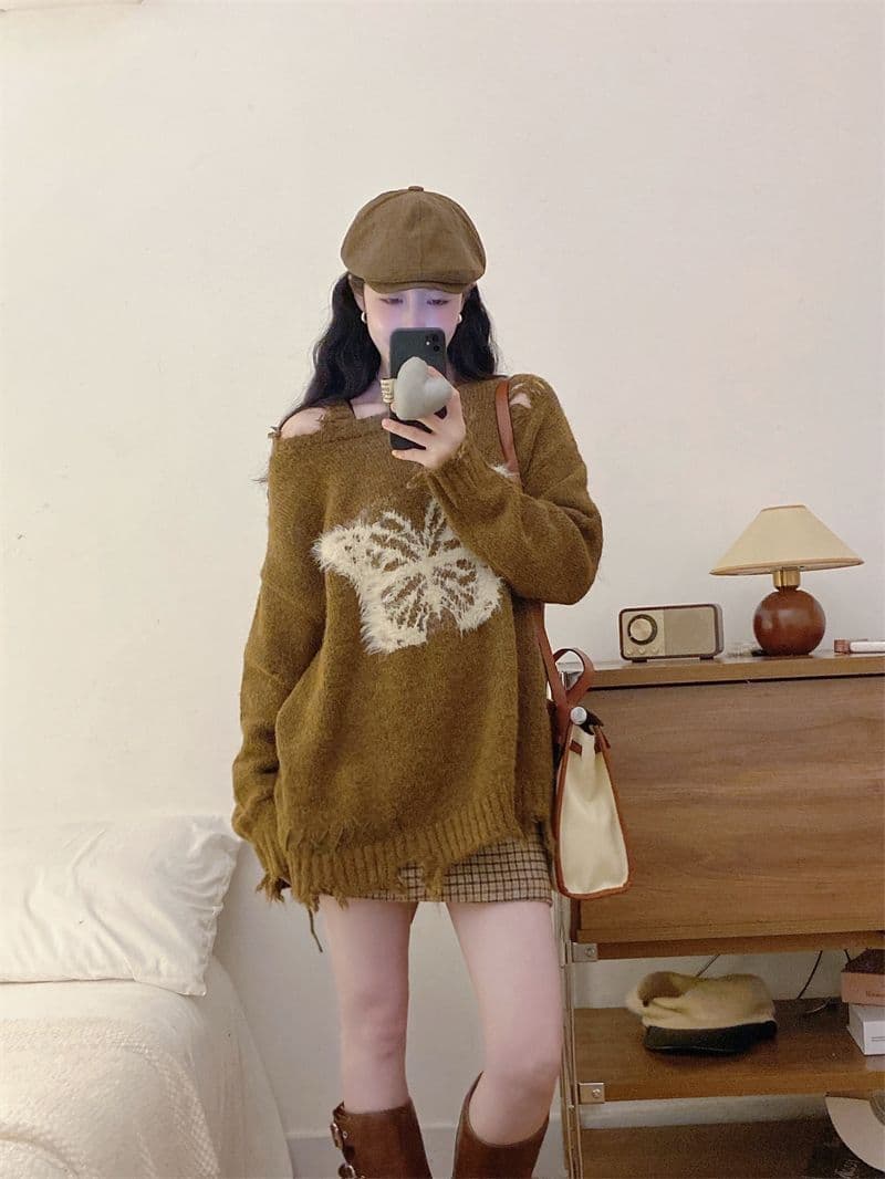 커피 색상 나비 오프숄더 풀오버 스웨터 여자 봄 가을 외출용 루즈핏 느긋한 바람이 아닙니다. 규칙 순수한 욕망 오프숄더 맨위 상세 이미지 1