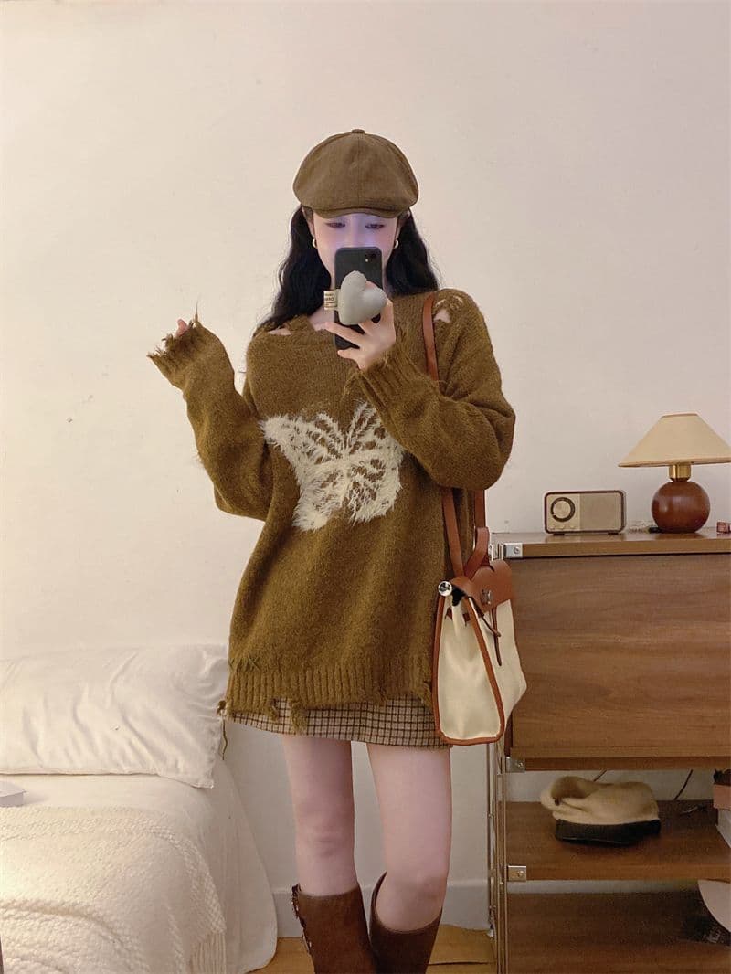 커피 색상 나비 오프숄더 풀오버 스웨터 여자 봄 가을 외출용 루즈핏 느긋한 바람이 아닙니다. 규칙 순수한 욕망 오프숄더 맨위 상세 이미지 7