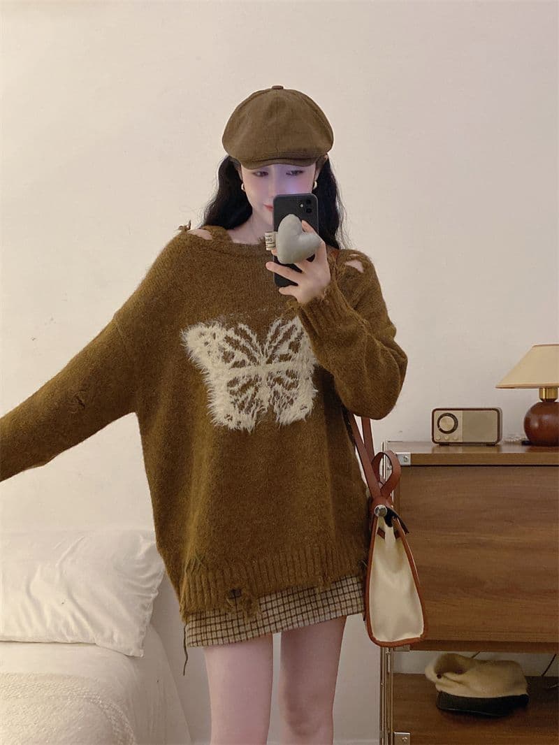 커피 색상 나비 오프숄더 풀오버 스웨터 여자 봄 가을 외출용 루즈핏 느긋한 바람이 아닙니다. 규칙 순수한 욕망 오프숄더 맨위 상세 이미지 9