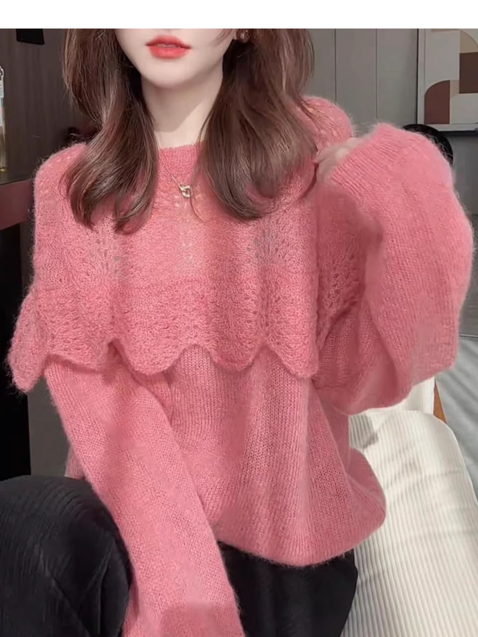 프랑스식 프릴 홀로우 아웃 자수 긴팔 니트 스웨터 여성 겨울 새로운 슈퍼 잘 생긴 외국 가스 Chic 부드러운 찹쌀 스웨터