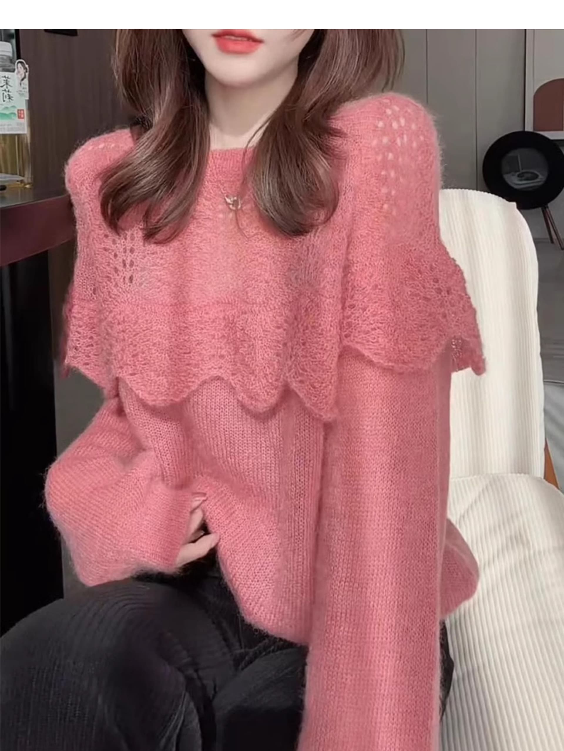 프랑스식 프릴 홀로우 아웃 자수 긴팔 니트 스웨터 여성 겨울 새로운 슈퍼 잘 생긴 외국 가스 Chic 부드러운 찹쌀 스웨터 상세 이미지 3