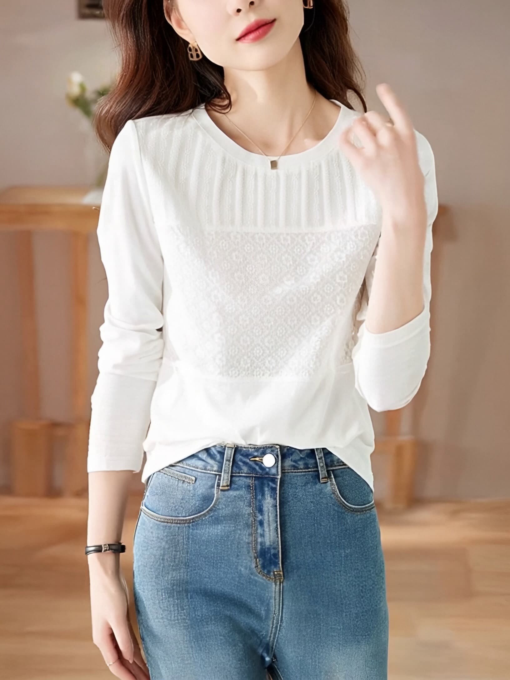 단색 레이스 라운드 넥 패치워크 순면 긴팔 티셔츠 여성 2026 년 봄 가을 새로운 디자인 센스 작은 대중 맨위 상세 이미지 4