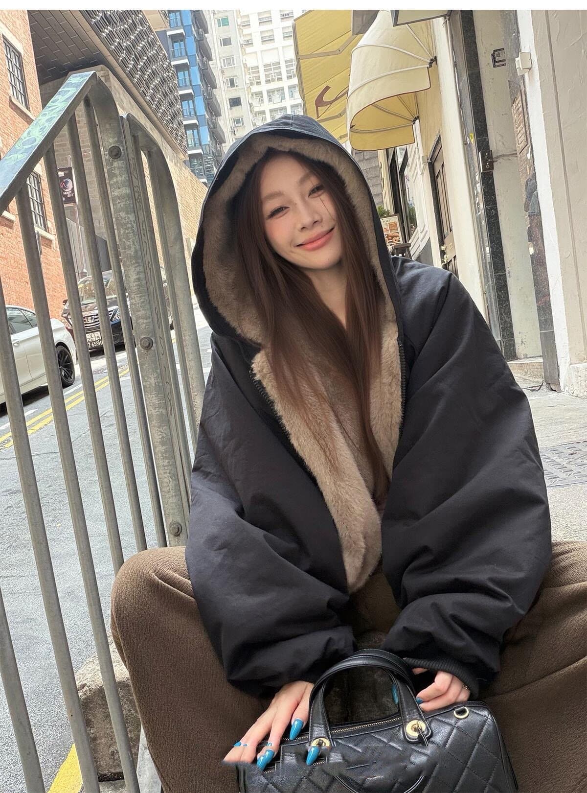 눈 국가 따뜻한 겨울 양면 착용 무거운 두꺼운 좌 산 조각 워싱 면 의류 재킷 재킷 수달 털 다용도 여성 상세 이미지 45
