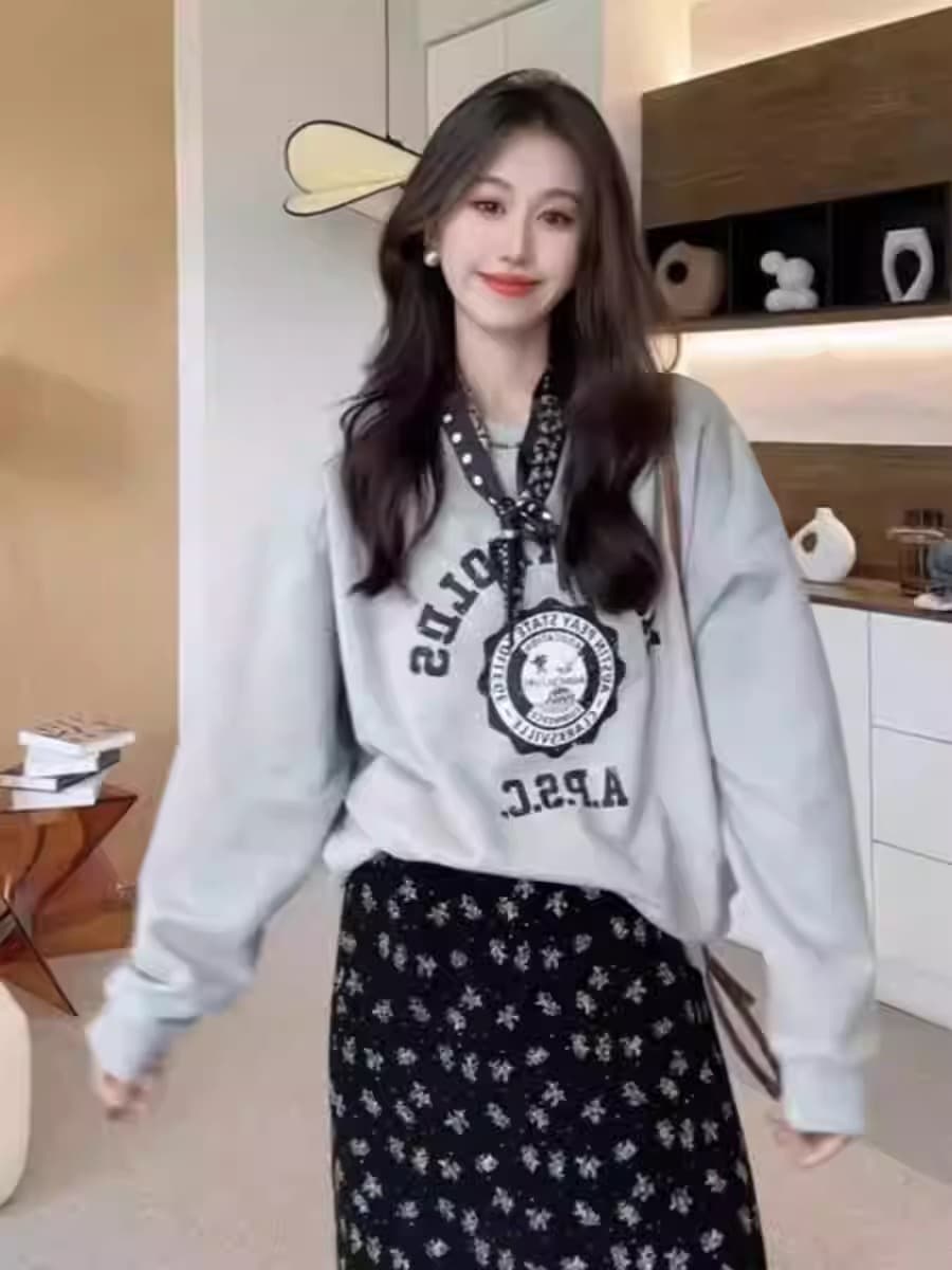 경관 그림 모방 Mianhua 면 복합 얇은 스타일 310g 털이 있는 400g 라운드 넥 후드티 여성 프린트 국경 간 상세 이미지 5
