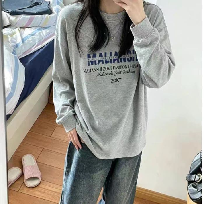 210 그램 21 이후 패키지 칼라 프린트 가을 드레스 구두 긴팔 티셔츠 여성 루즈핏 순면 라운드 넥 맨위 이미지 2