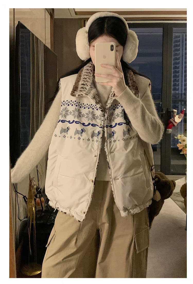 공정한 섬 양면 착용 양털 조끼 여자 외출용 겨울 두꺼운 보온 조끼 플리스 스탠드 칼라 면 의류 재킷 상세 이미지 20