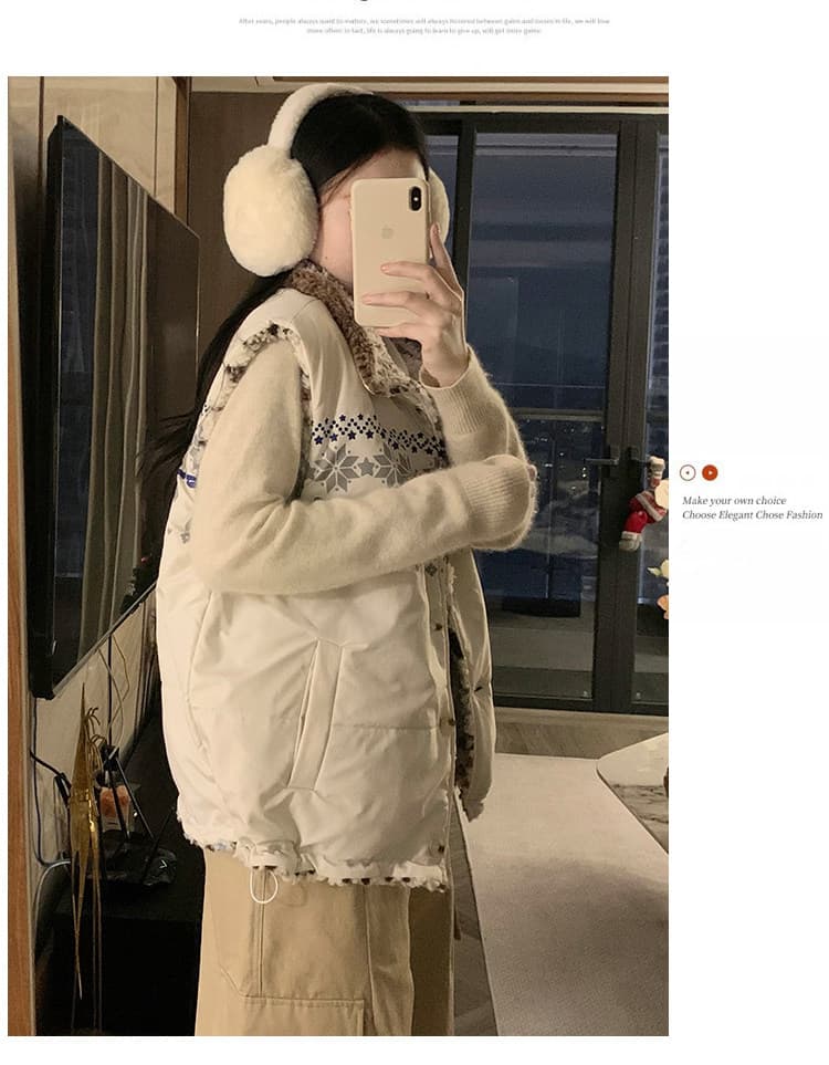 공정한 섬 양면 착용 양털 조끼 여자 외출용 겨울 두꺼운 보온 조끼 플리스 스탠드 칼라 면 의류 재킷 상세 이미지 23