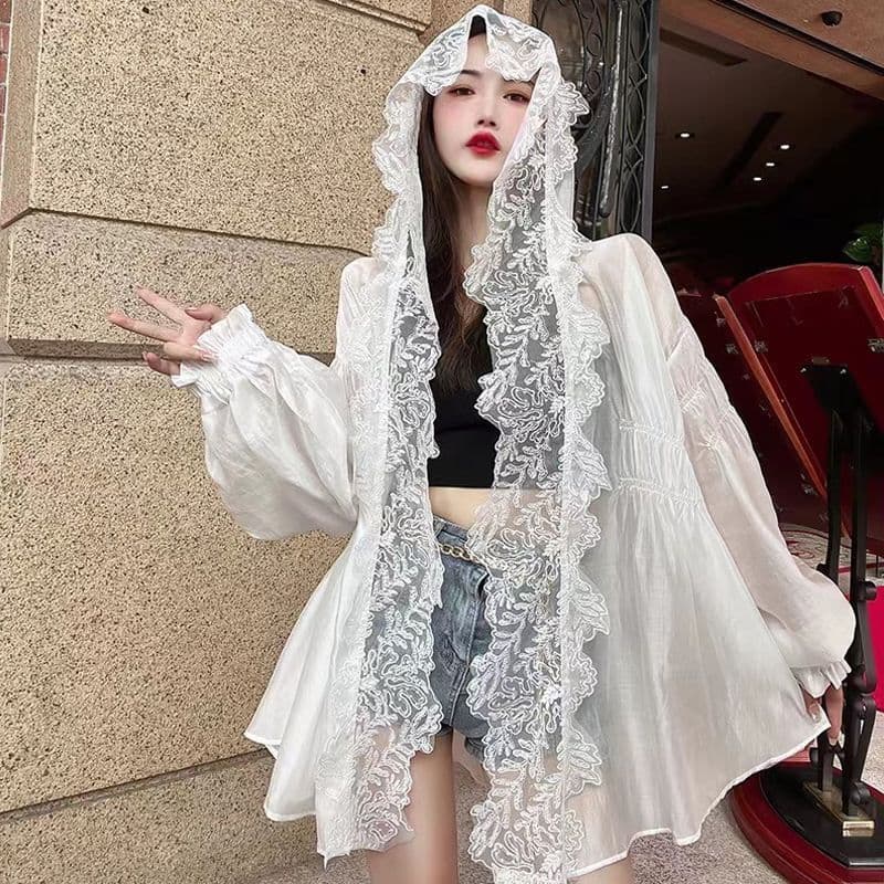 화이트 레이스 후드 자외선 차단 의류 여성 여름 얇은 스타일 고급 센스 품격 루즈핏 달콤함 오픈 가디건 자외선 차단 외투 이미지 3