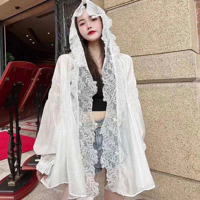 화이트 레이스 후드 자외선 차단 의류 여성 여름 얇은 스타일 고급 센스 품격 루즈핏 달콤함 오픈 가디건 자외선 차단 외투