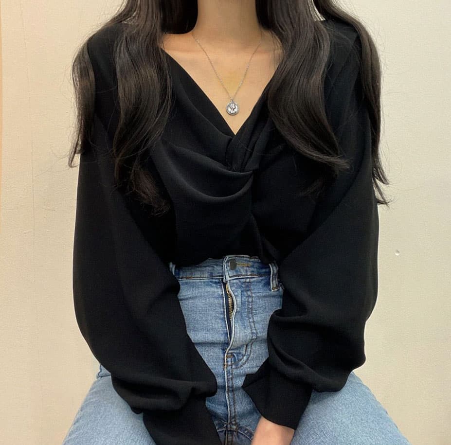 한국 chic 가을 프랑스식 품격 주름 V넥 비틀림 디자인 루즈핏 캐주얼 단색 긴팔 셔츠 맨위 이미지 2