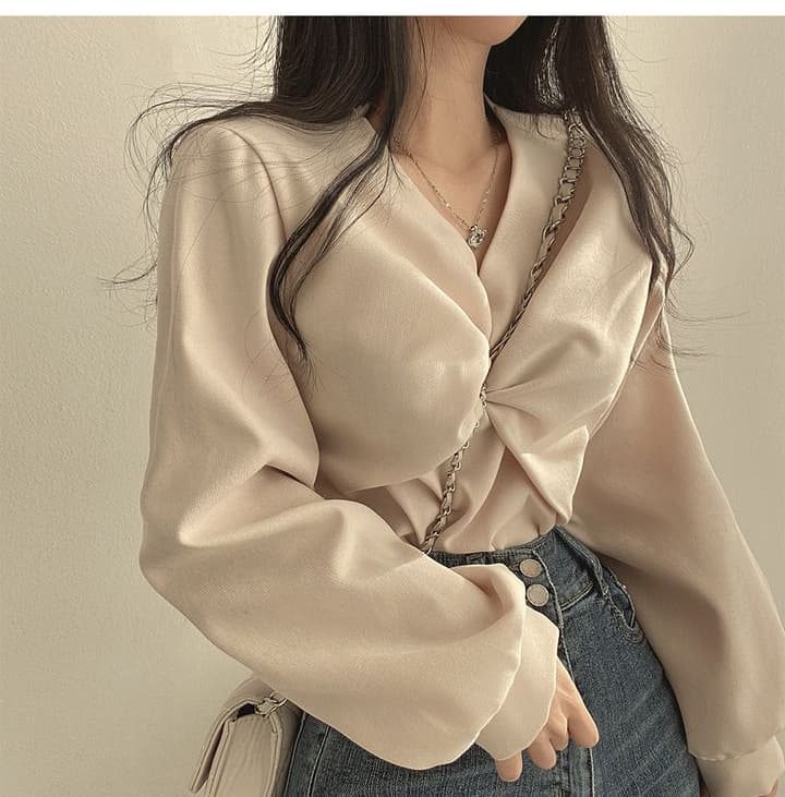 한국 chic 가을 프랑스식 품격 주름 V넥 비틀림 디자인 루즈핏 캐주얼 단색 긴팔 셔츠 맨위 상세 이미지 10
