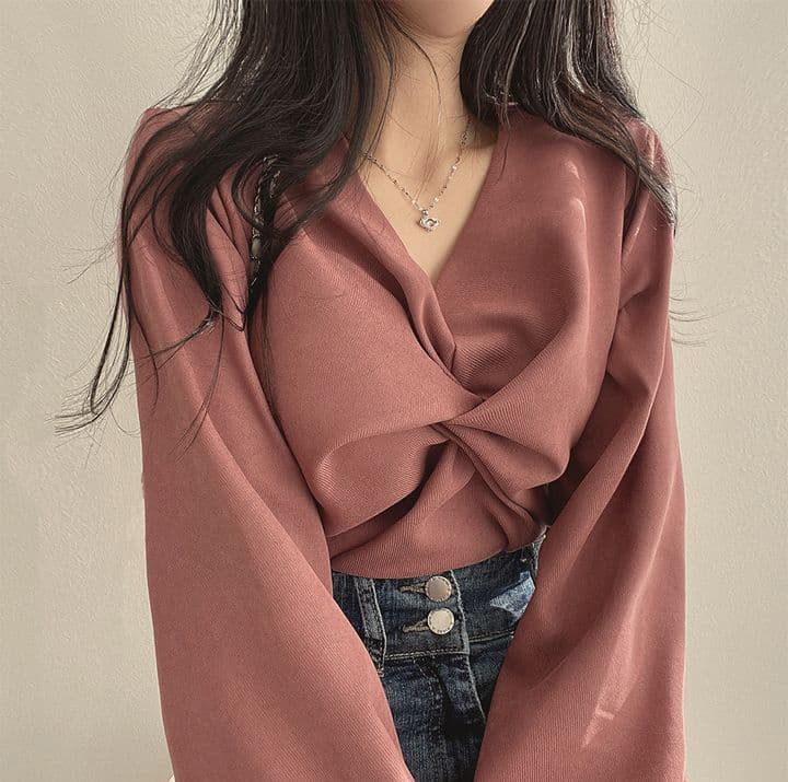 한국 chic 가을 프랑스식 품격 주름 V넥 비틀림 디자인 루즈핏 캐주얼 단색 긴팔 셔츠 맨위 상세 이미지 11