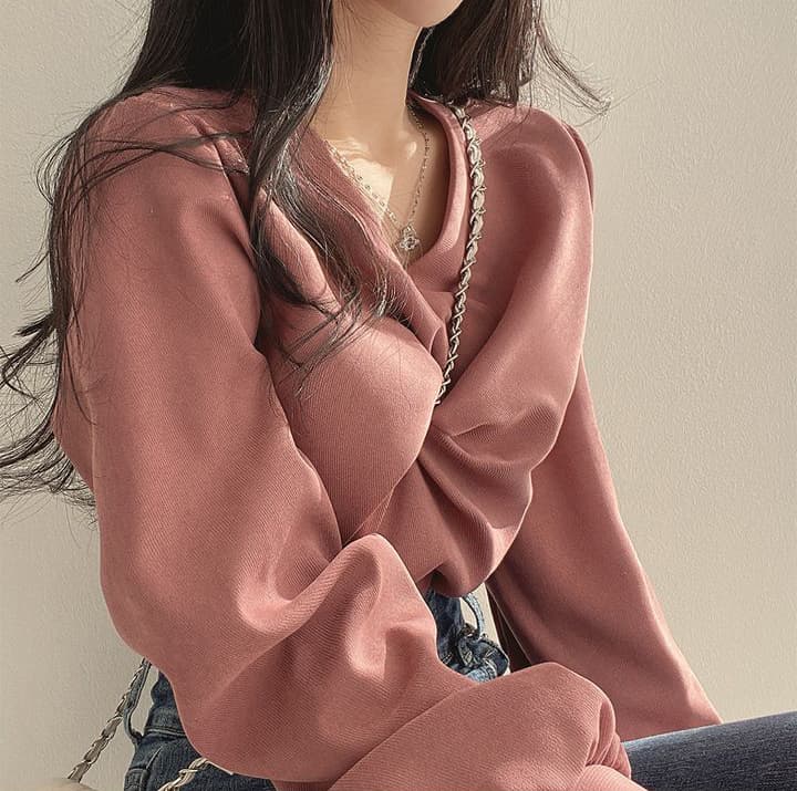 한국 chic 가을 프랑스식 품격 주름 V넥 비틀림 디자인 루즈핏 캐주얼 단색 긴팔 셔츠 맨위 상세 이미지 14