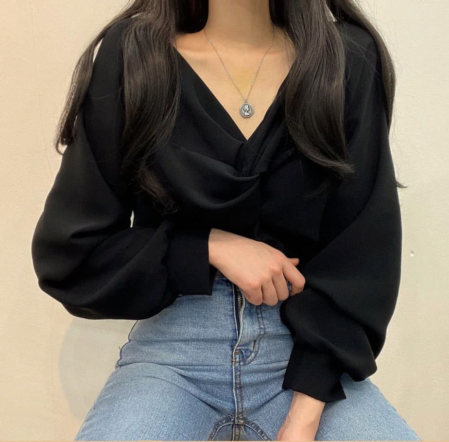 한국 chic 가을 프랑스식 품격 주름 V넥 비틀림 디자인 루즈핏 캐주얼 단색 긴팔 셔츠 맨위 상세 이미지 30