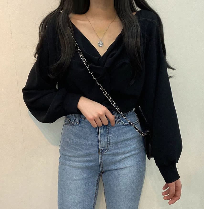 한국 chic 가을 프랑스식 품격 주름 V넥 비틀림 디자인 루즈핏 캐주얼 단색 긴팔 셔츠 맨위 상세 이미지 36