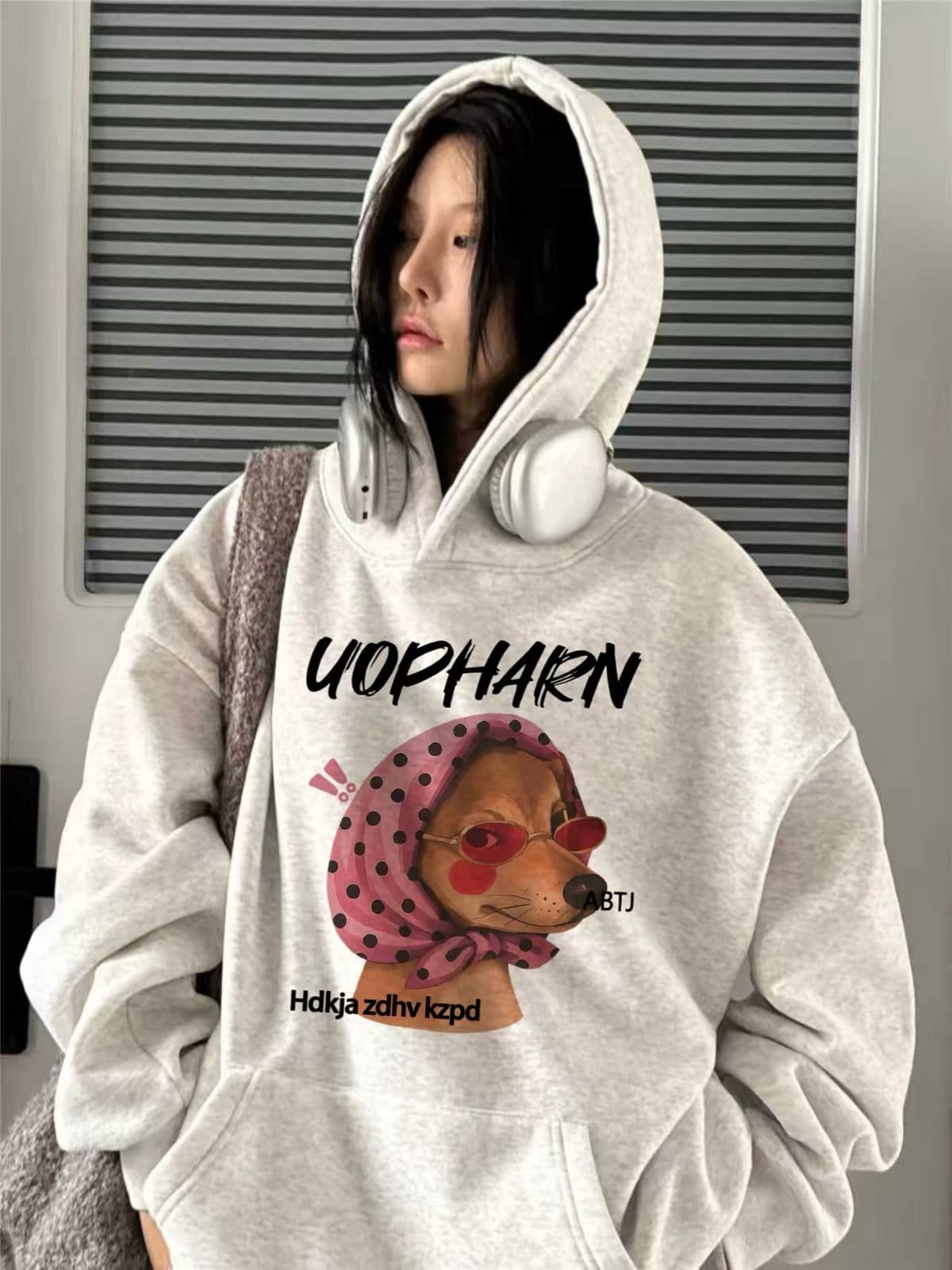 후아 면 복합 없음 모자 로프 있음 주머니 후드 티 스웨터 여성 얇은 스타일 털이 있는 상세 이미지 5
