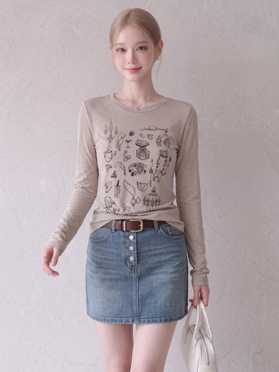 눈꽃 면 아메리칸 레트로 낙서 프린트 긴팔 티셔츠 여성 라운드 넥 몸매 가꾸기 얇은 스타일 마이크로 ~을 통해 허리 수축 슬림해 보이는 맨위 상세 이미지 5