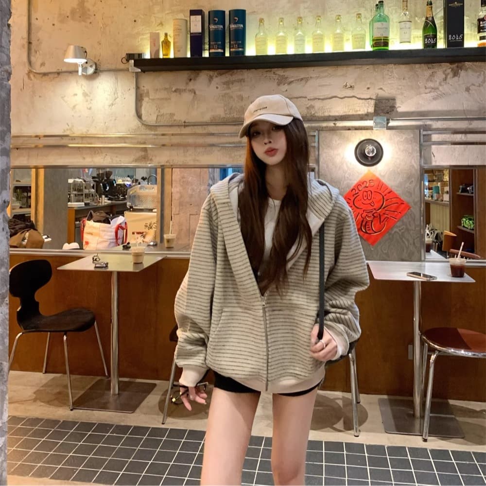 아메리칸 레트로 한 부서 후드 티 스웨터 여성 코트 가을 느긋한 바람 루즈핏 스트라이프 배색 오픈 가디건 다용도 맨위 이미지 4