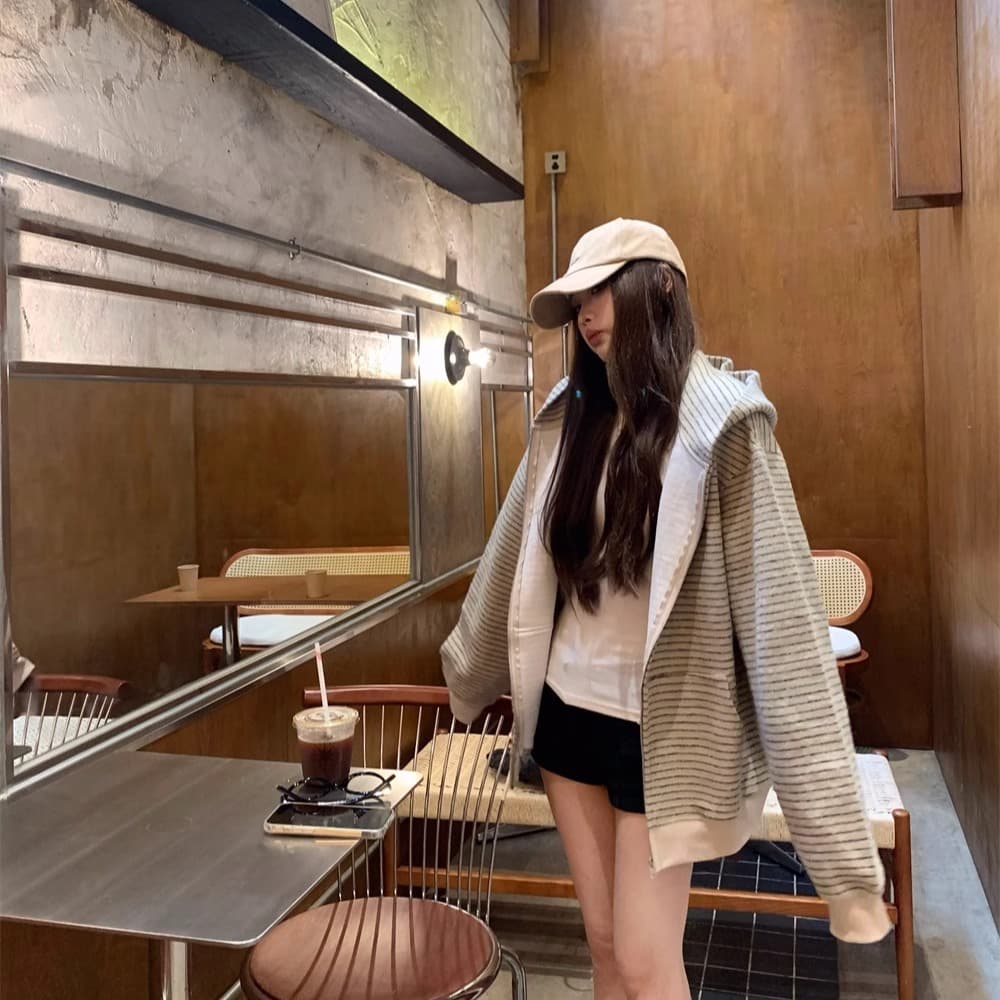아메리칸 레트로 한 부서 후드 티 스웨터 여성 코트 가을 느긋한 바람 루즈핏 스트라이프 배색 오픈 가디건 다용도 맨위 이미지 5