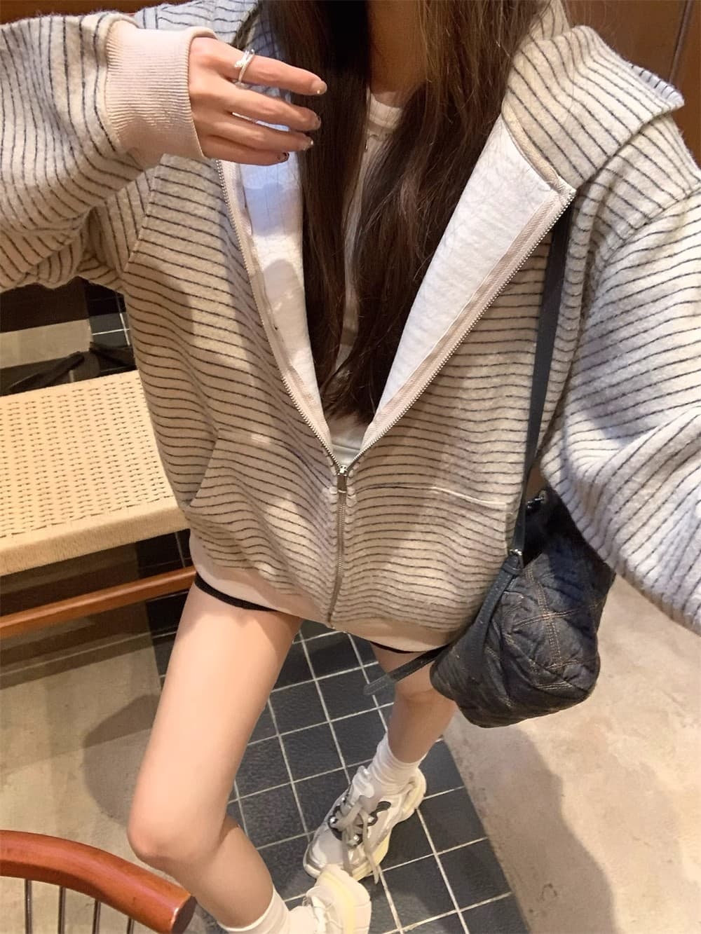 아메리칸 레트로 한 부서 후드 티 스웨터 여성 코트 가을 느긋한 바람 루즈핏 스트라이프 배색 오픈 가디건 다용도 맨위 상세 이미지 4