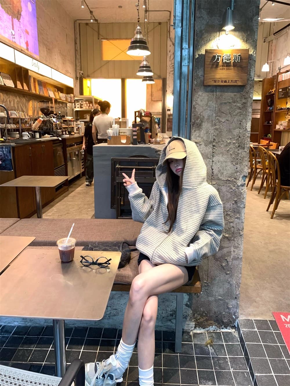 아메리칸 레트로 한 부서 후드 티 스웨터 여성 코트 가을 느긋한 바람 루즈핏 스트라이프 배색 오픈 가디건 다용도 맨위 상세 이미지 7