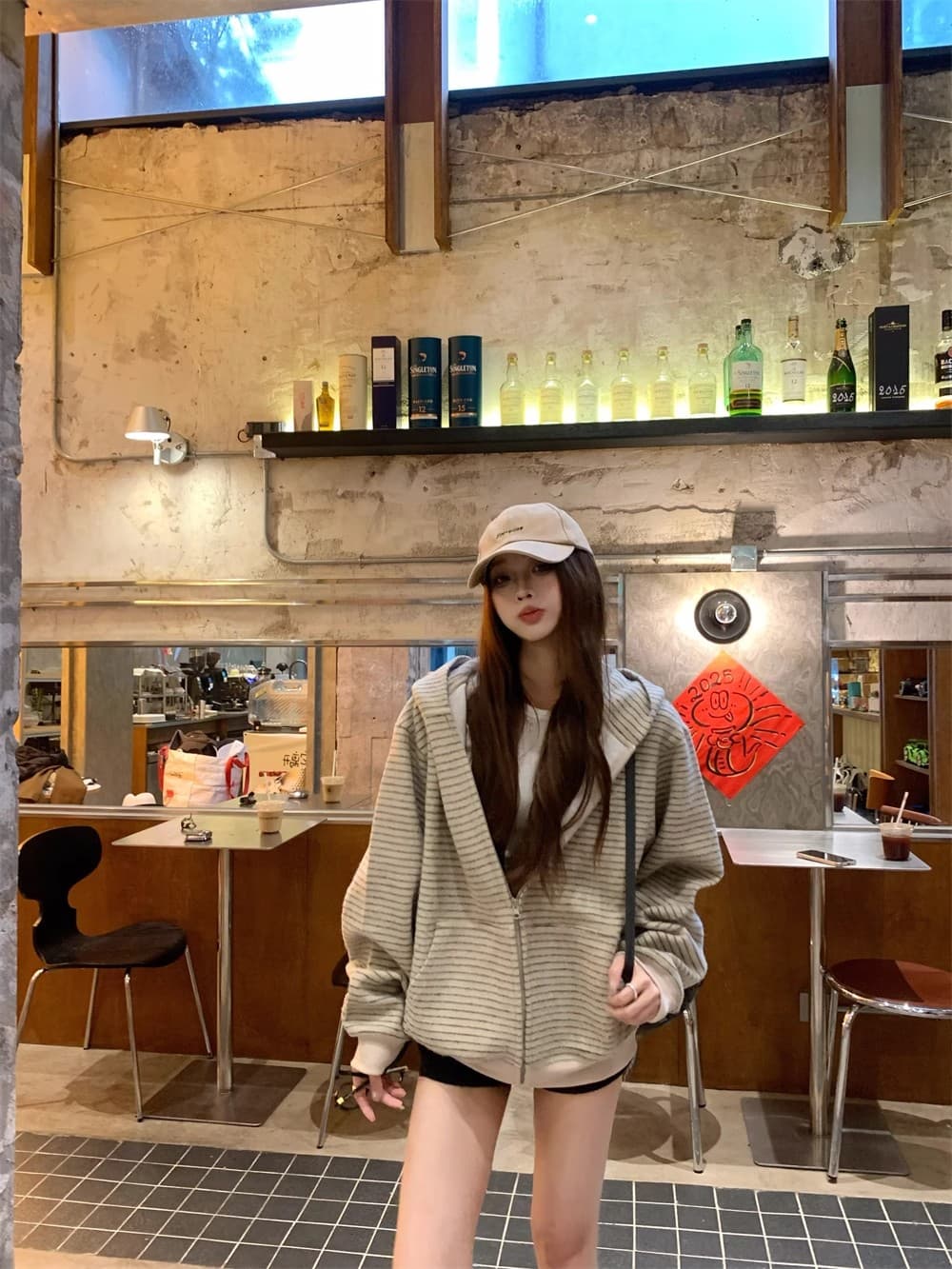 아메리칸 레트로 한 부서 후드 티 스웨터 여성 코트 가을 느긋한 바람 루즈핏 스트라이프 배색 오픈 가디건 다용도 맨위 상세 이미지 8