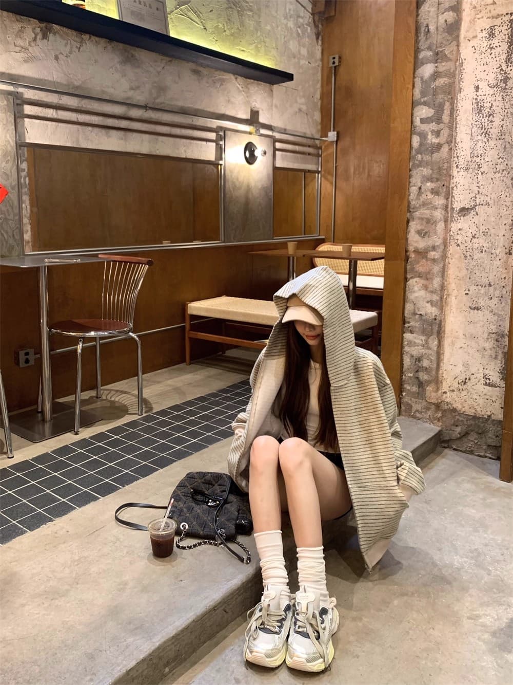 아메리칸 레트로 한 부서 후드 티 스웨터 여성 코트 가을 느긋한 바람 루즈핏 스트라이프 배색 오픈 가디건 다용도 맨위 상세 이미지 12
