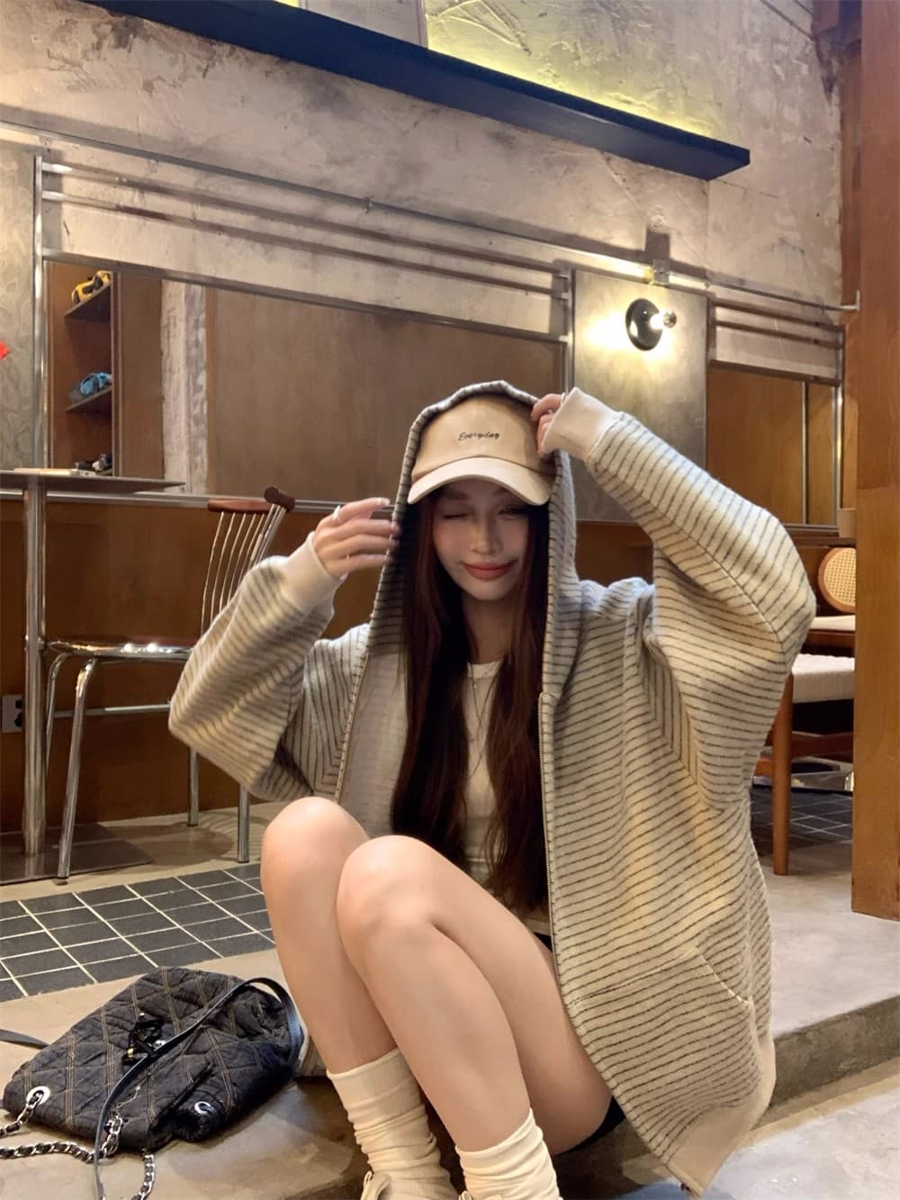아메리칸 레트로 한 부서 후드 티 스웨터 여성 코트 가을 느긋한 바람 루즈핏 스트라이프 배색 오픈 가디건 다용도 맨위 상세 이미지 13