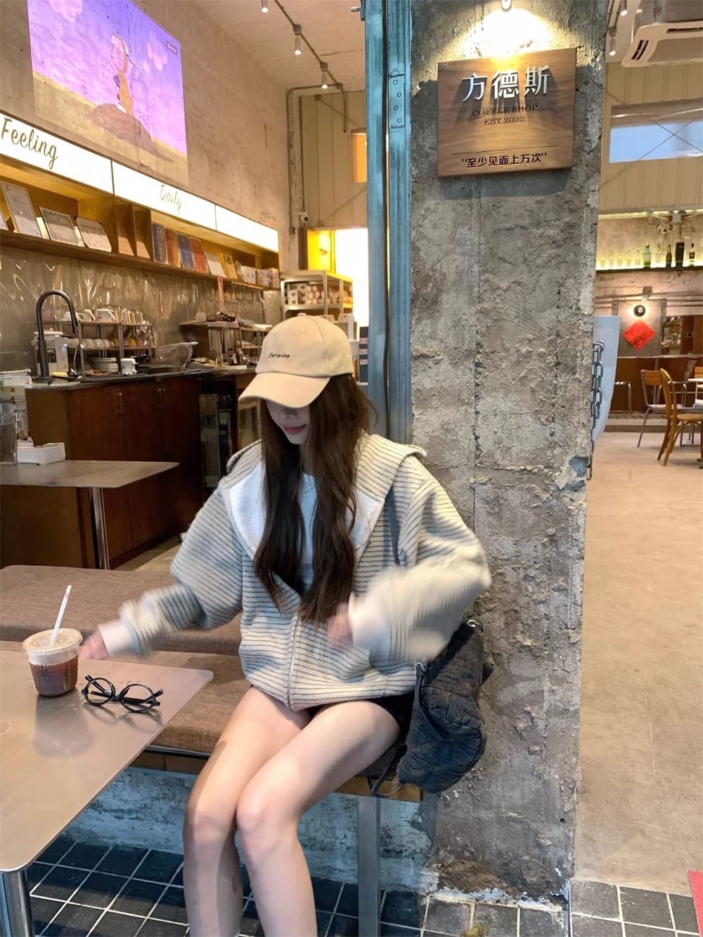 아메리칸 레트로 한 부서 후드 티 스웨터 여성 코트 가을 느긋한 바람 루즈핏 스트라이프 배색 오픈 가디건 다용도 맨위 상세 이미지 14