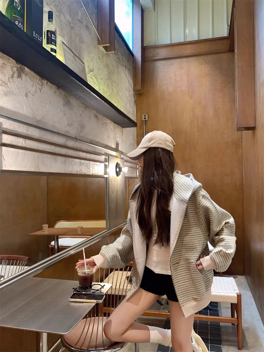 아메리칸 레트로 한 부서 후드 티 스웨터 여성 코트 가을 느긋한 바람 루즈핏 스트라이프 배색 오픈 가디건 다용도 맨위 상세 이미지 15