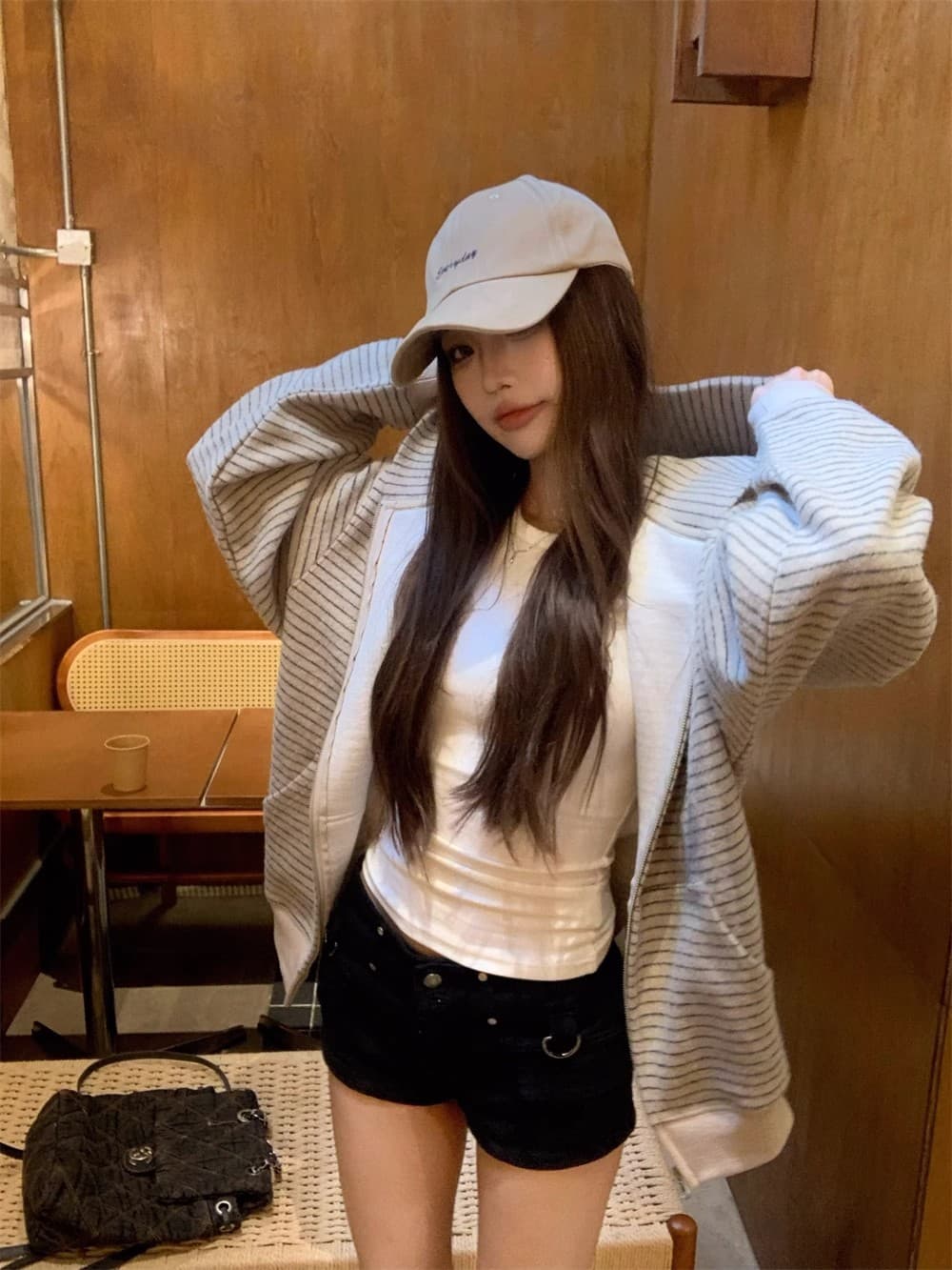 아메리칸 레트로 한 부서 후드 티 스웨터 여성 코트 가을 느긋한 바람 루즈핏 스트라이프 배색 오픈 가디건 다용도 맨위 상세 이미지 17
