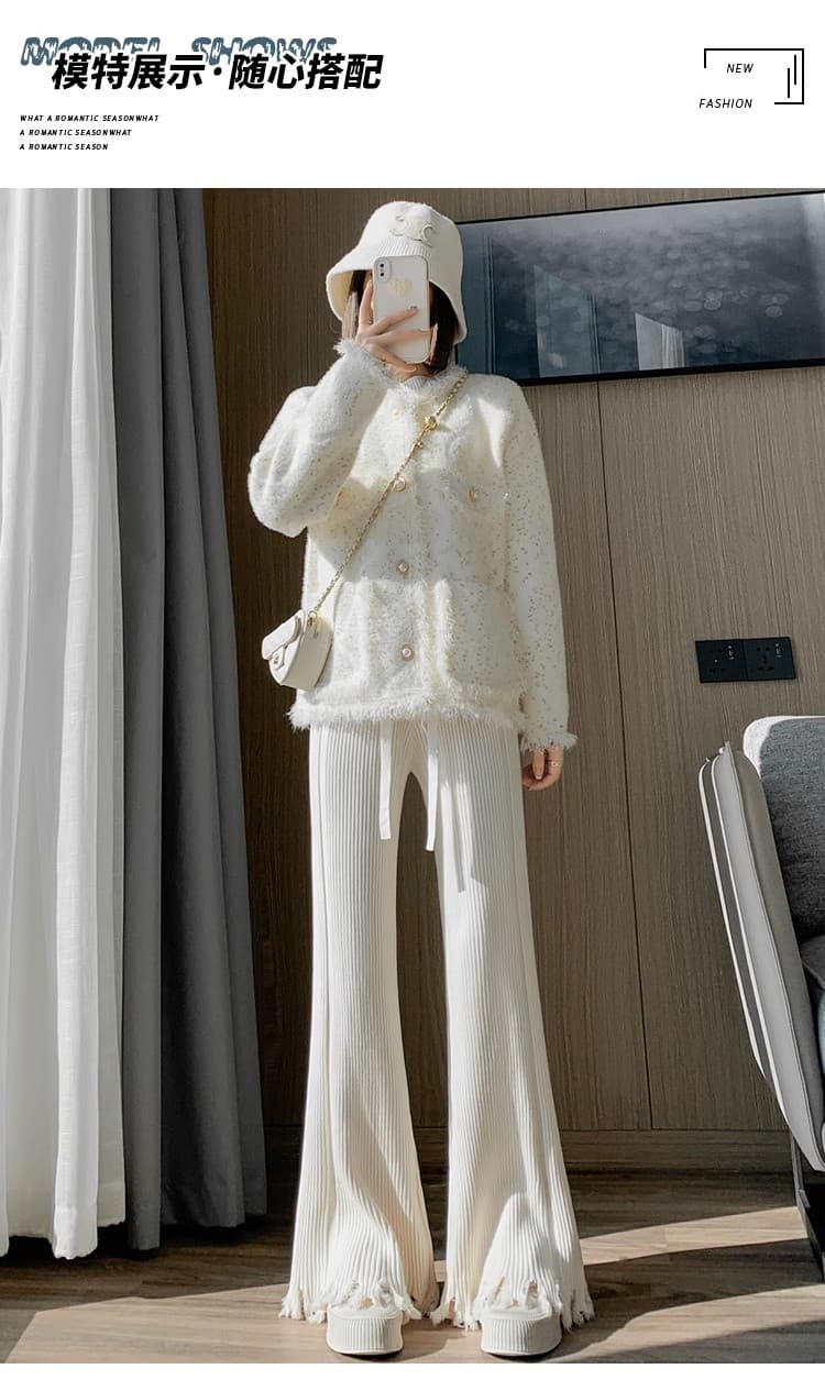 술 니트 와이드 레깅스 바지 2026 봄 가을 부드러운 찹쌀 도루 센스 바지 루즈핏 스트레이트 캐주얼 하이웨이스트 마이크로 나팔 바지 상세 이미지 15