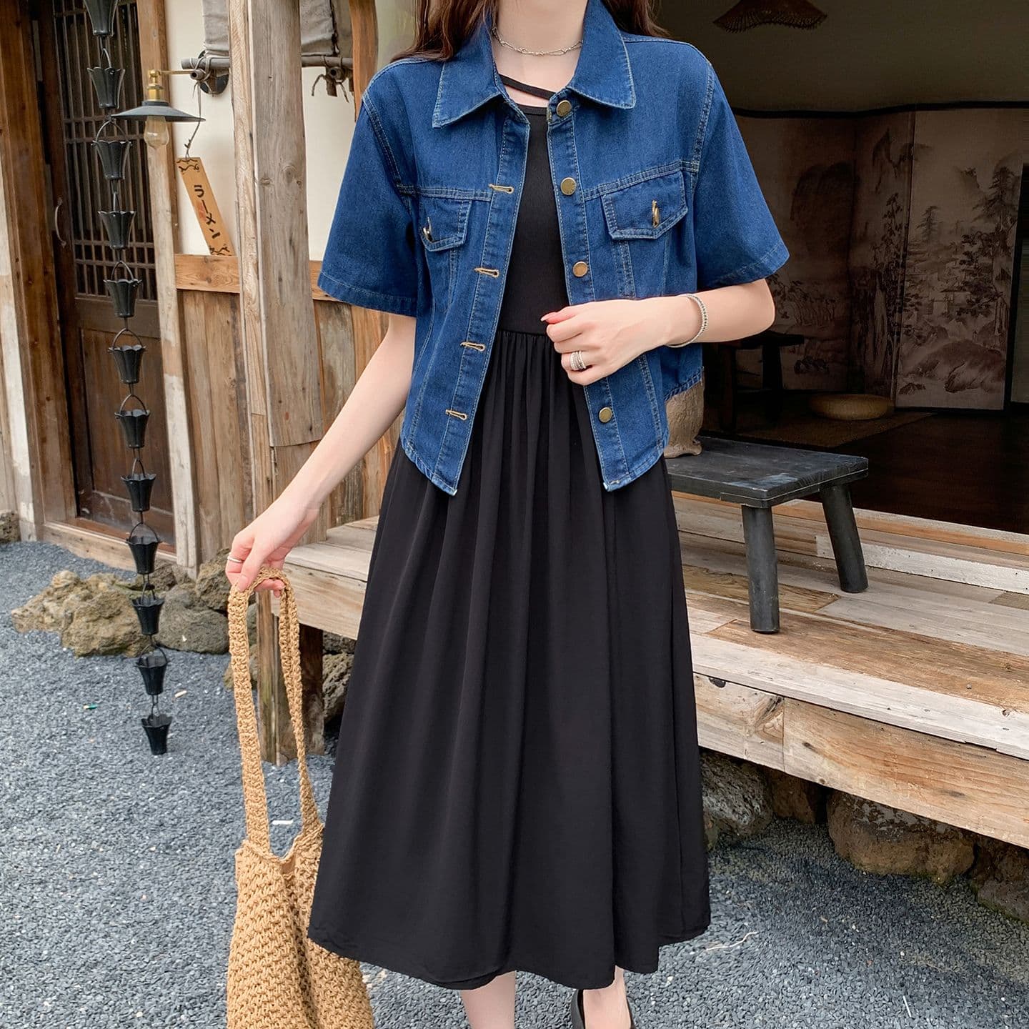실사 반팔 데님 셔츠 슬립 두 조각 여성 세트 여름 패션 다용도 슬림해 보이는 맨위 세트 트렌디 이미지 2